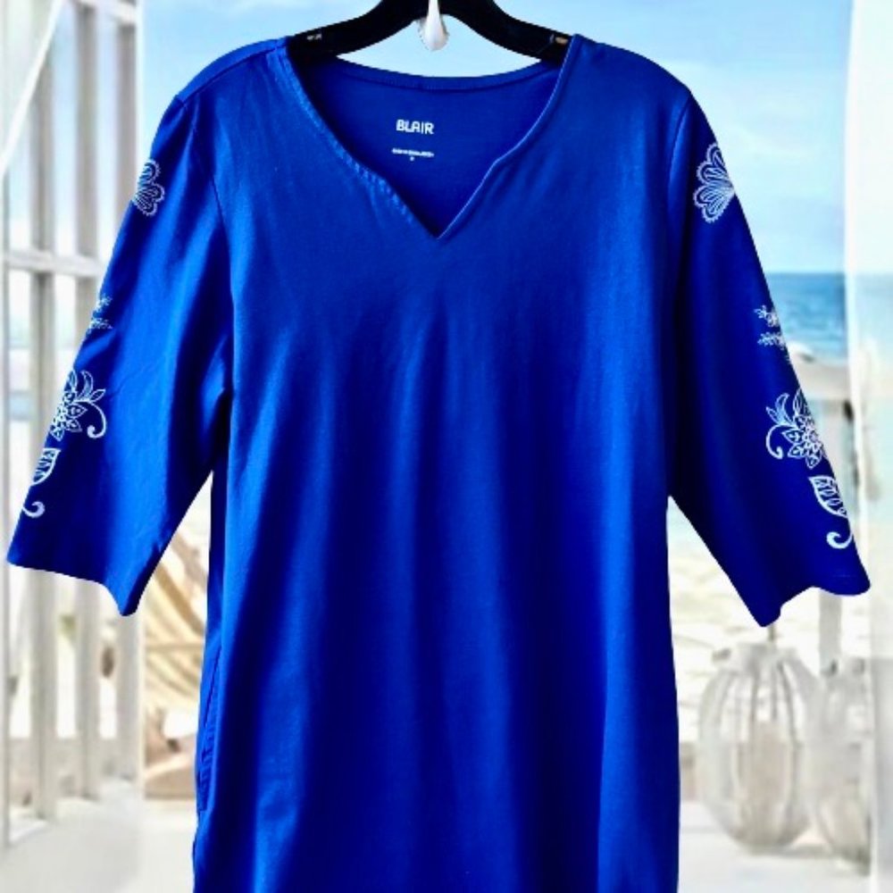 BLAIR Blue Pocket Knit Dress Midi Shift V-Neck Floral Sleeves Womens Med… - Picture 2 of 9